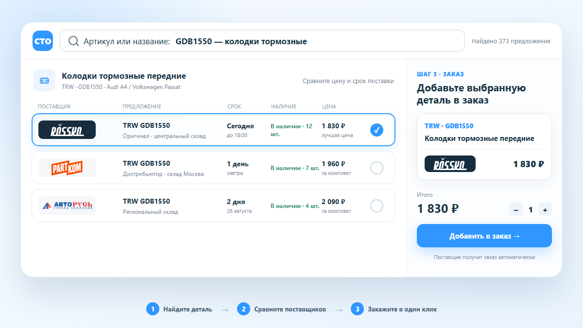 Выбор тормозных колодок среди предложений Росско, ПартКом и АвтоРусь с быстрым добавлением в заказ